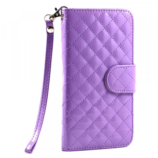 Wholesale Samsung Galaxy Note 4 Glossy Quilted Flip Leather Wallet Case w Stand and Strap (Purple)